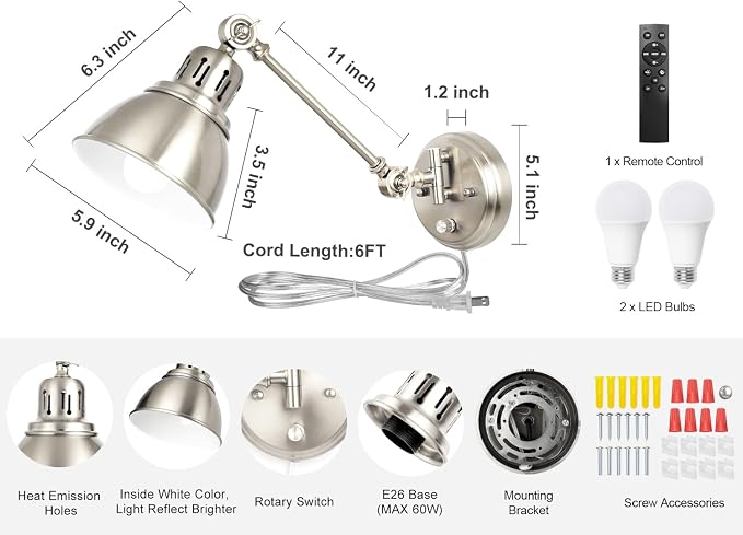 2 Pack Plug in Wall Sconces with Remote Control, Dimming, Adjustable Colors 2700K-6500K, Swing Arm Wall Lamps with Night Light & Timer, Plug-in or Hardwired, LED Bulbs Included, Brushed Nickel