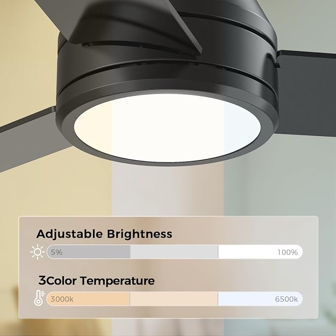 Ceiling Fans with Lights, 52 Inch Black Low Profile Ceiling fan with Light and Remote Control, Flush Mount, Reversible, 3CCT, Dimmable, Noiseless, Small Ceiling Fan for Bedroom, Indoor/Outdoor Use