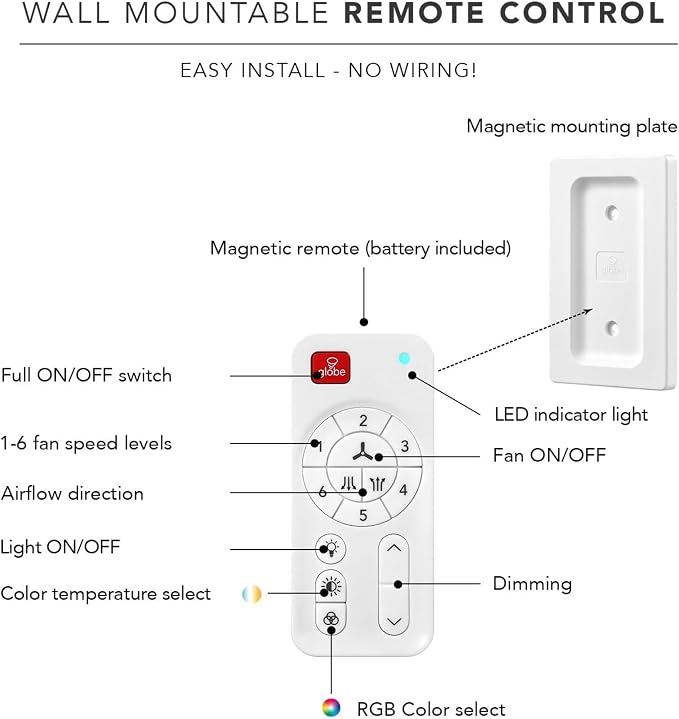 Globe Electric 37000110 52" Smart Ceiling Fan with LED Light, Remote Control, WhisperQuiet DC Motor, 6 Speeds, Matte Black