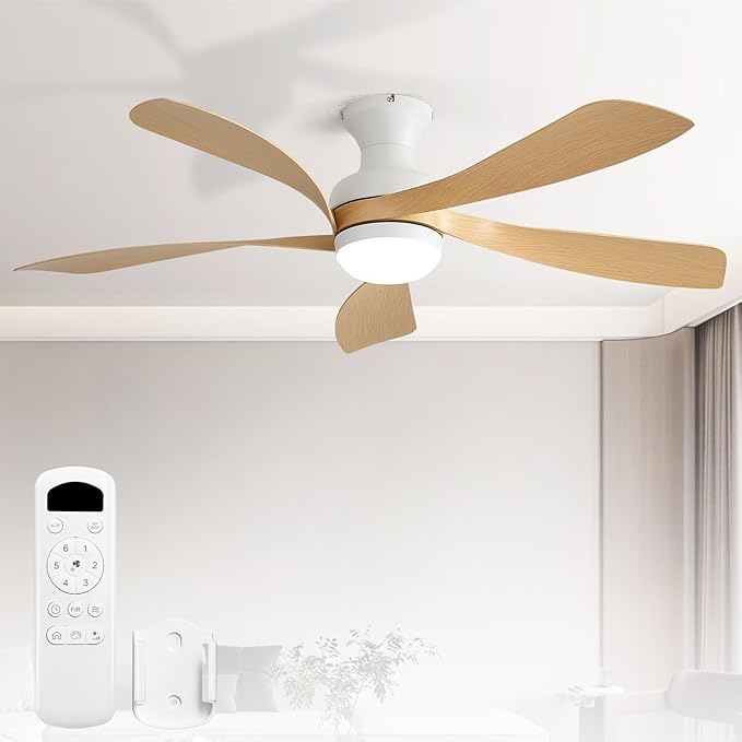 Sofucor 52 Inch Low Profile Ceiling Fan with Light, Modern Flush Mount Outdoor Ceiling Fan with Remote for Bedroom Living Room Patio, Dimmable LED High Airflow Quiet Reversible DC Motor