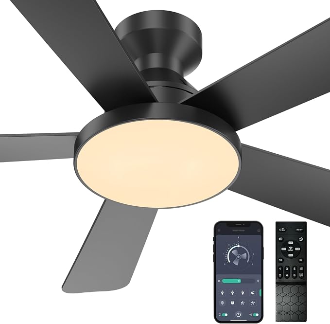 Ceiling Fans with Lights, 46" Low Profile Ceiling Fan with Light, Remote/App Control, Flush Mount Black Ceiling Fan for Bedroom, Indoor/Outdoor