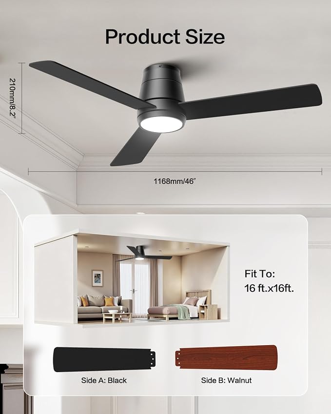 Ceiling Fans with Lights and Remote 46 inch, Flush Mount Low Profile Ceiling Fan with Light for Bedroom Living Room, Quiet Reversible DC Motor, 3CCT Dimmable 24W LED, 6 Speeds