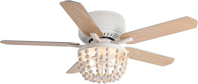 Boho Ceiling Fans with Lights, 48 Inch Flush Mounted Ceiling Fan with Remote Control and Wood Beaded Shade, 3 Speeds & Reversible Motor, 5 Double-Sided Blades for Bedroom Living Room
