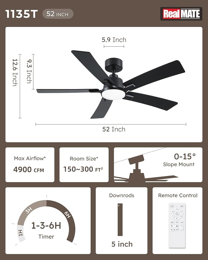 52 Inch Balck Downrod Ceiling Fans with Lights and Remote | 3CCT Dimmable LED, 6 Speed, Quiet DC Motor, 3-Level Timer Function, Forward/Reserve For all Seasons, Indoor/Covered Outdoor