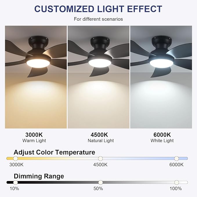 PHORUS 42"Black Low Profile Flush Mount Ceiling Fans with Lights and Remote | Super Large Airflow with 6 Wind Speeds, Reversible, Dimmable 3 CCT LED, 30W Noiseless DC Motor,Timer, for Bedroom Kitchen