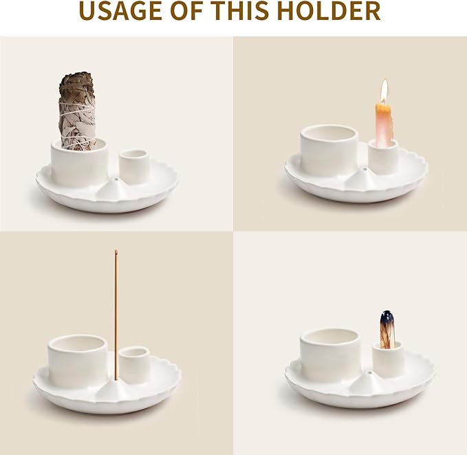 4 in 1 Incense Holder, Palo Santo Holder for Burning Sage, Sticks & Candle, Ceramic Incense Burner， 5.3" Ceramic Ash Catcher Tray for Meditation Room Home Decor