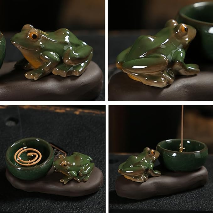 Frog Incense Holder, Ceramic Incense Cone Holder & Incense Holder for Sticks, Handmade Cone Incense Burner, Frog Figurine,Funny Frogs Ornament, Aromatherapy, Yoga & Meditation Zen Decor (Style A)