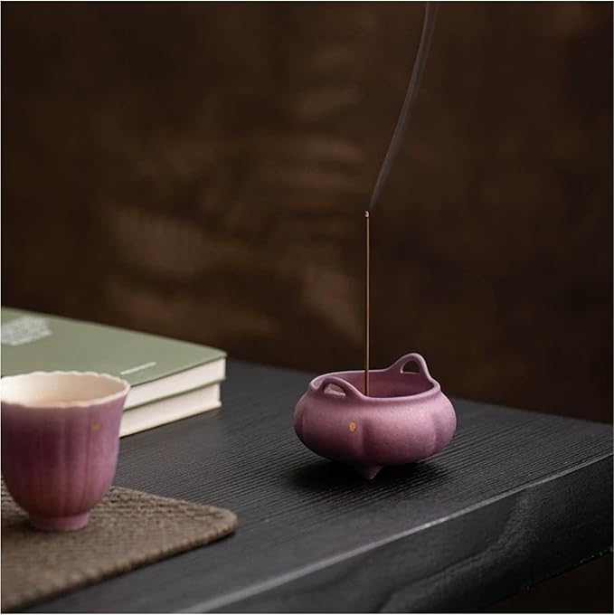 Hermit Life Incense Burner with 9 Holes Stick Holder, Lotus Bud or Tripod Ding Shape Design and Matte Ceramic Surface for Home Décor, Incense Stick Holder with Ash Catcher (Purple Tripod Ding)