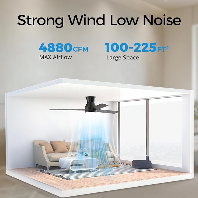 Ceiling Fans with Lights, 52 Inch Black Low Profile Ceiling fan with Light and Remote Control, Flush Mount, Reversible, 3CCT, Dimmable, Noiseless, Small Ceiling Fan for Bedroom, Indoor/Outdoor Use