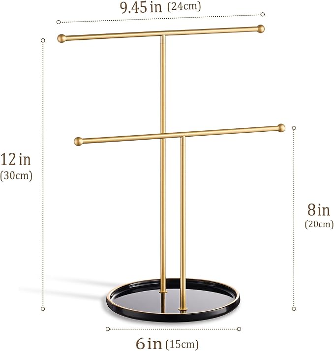 Jewelry Stand with Ceramic Tray, Necklace Holder, Gold Bar Black Base