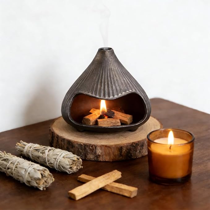 Ceramic Incense Holder, Mini Palo Santo Burner Chimney for Palo Santo Sticks, Cone Incense and Sage Smudging, Handmade Cone Incense Holder Burner for Yoga, Meditation, and Energy Cleansing (Black 01)