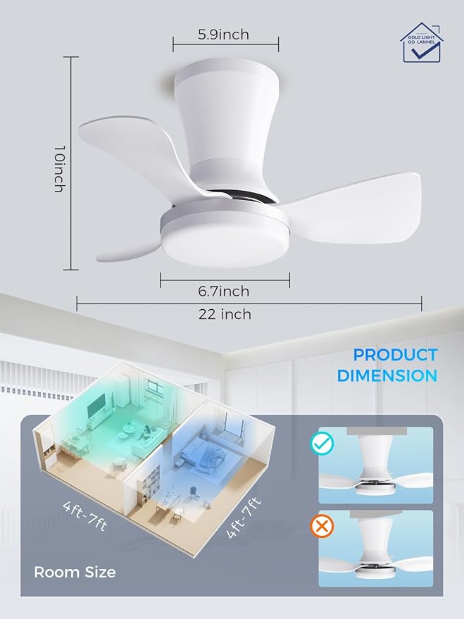 LANMEL Ceiling Fan with Light, Modern Flush Mount Low Profile with Remote Control, Reversible, 3CCT Dimmable, Quiet,LED for Bedroom, Living Room, Indoor/Outdoor Patio Use 22 Inch Silver & White