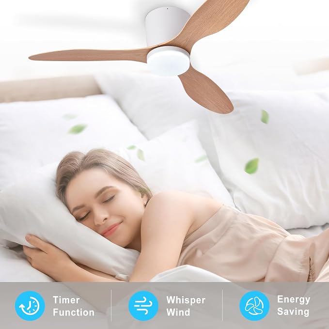 Depuley Flush Mount Ceiling Fan: 42-Inch White Ceiling Fans with Lights for Bedroom Indoor Outdoor - Low Profile Ceiling Fans with Remote Control 24W 3CCT Dimmable 3 Reversible Wood Blades 6 Speeds
