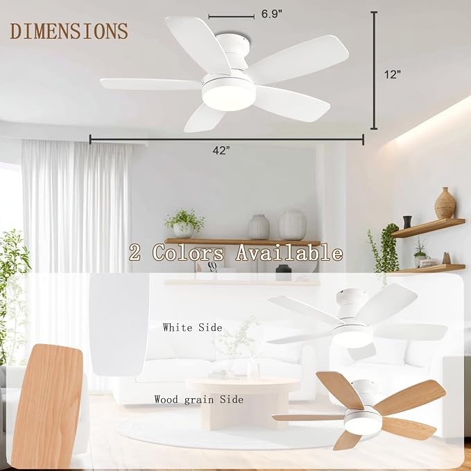 FUMLTP 42inch Flush Mount Ceiling Fans with Lights and Remote/APP Control, Dimmable LED, Reversible DC Motor, Noiseless, Low Profile White Ceiling Fan for Livingroom, Indoor/Outdoor Use