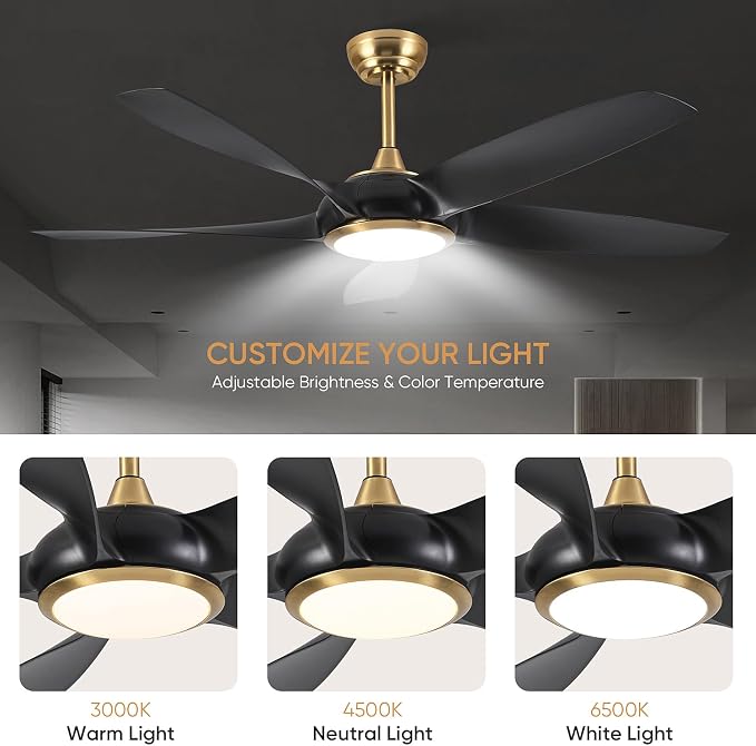 54'' Ceiling Fans with Lights, Indoor/Outdoor Modern Ceiling Fan with Remote, ABS Plastic Blades, Reversible DC Motor, 6 Speeds, 3 Color Lights, ETL Listed, for Bedroom Living Room (Black)