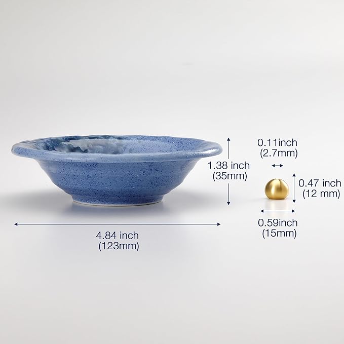 Asayu Japanese Small Incense Holder for Sticks 4.88 inch (124mm), Traditional Made in Japan Ceramic Ash Catcher and Brass Incense Burner Set - Blue