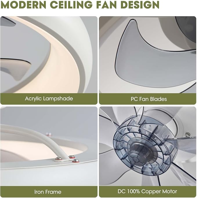 LUDOMIDE 20" Modern White Flush Mount Ceiling Fan with Lights, 6 Wind Speeds, LED, Voice Control, Bedroom, Living Room, Kitchen