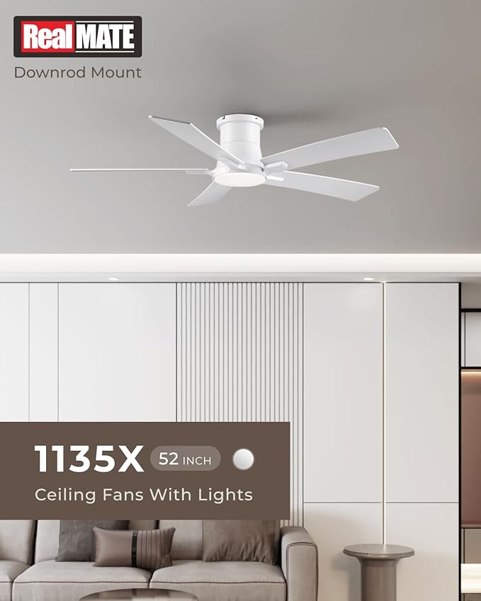 52 Inch White Flush Mount Ceiling Fans with Lights and Remote | 3CCT Dimmable LED, 6 Speed, Quiet DC Motor, 3-Level Timer Function, Forward/Reserve For all Seasons, Indoor/Covered Outdoor