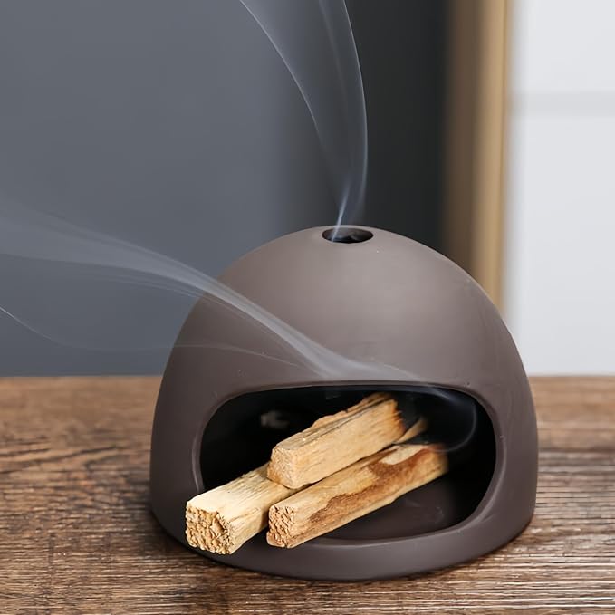 Palo Santo Stick Holder, Handmade Ceramic Smoking Bowl for Sage and Palo Santo, Ash Catcher with Mini Chimney for Energy Cleansing, Yoga, Meditation Relaxation (Circular)
