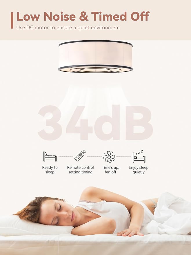 Low Profile Ceiling Fans with Lights, 20" Black Boho Ceiling Fan with Light Flush Mount and Remote Control, Drum Caged with 6 Speeds for Bedroom, Nursery, Living Room