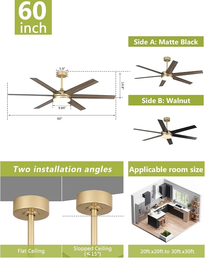 60 Inch Large Gold Ceiling fan with Lights and Remote/APP, Modern Black and Gold Ceiling Fan for bedroom Living Room Shop with 3CCT, 6-Speeds, Timer, 5 Blade Indoor Sleek Brass Fandelier