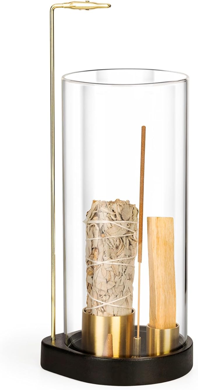 4 in 1 Wooden Incense Burner with Glass, Incense Holder for Candle, Sticks, Palo Santo, Sage and Cones, Wood Ash Catcher Tray for Meditation Yoga Room Home Decor (Glass)