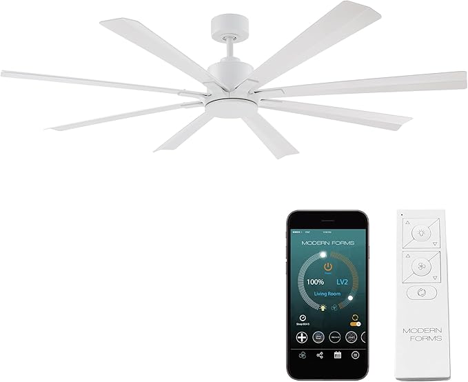 Modern Forms Size Matters Indoor and Outdoor 8-Blade 65in Smart Ceiling Fan in Matte White with Remote Control with Alexa and iOS or Android App