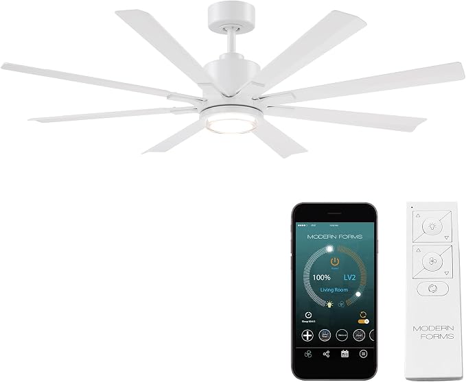 Modern Forms Size Matters Indoor or Outdoor 8-Blade 56in Smart Ceiling Fan in Matte White with Adjustable CCT 2700-3000-4000-5000K LED Light Kit and Remote Control