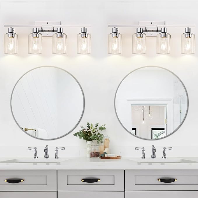 Indoi 4-Light Bathroom Light Fixtures, Chrome Modern Vanity Lights with Clear Glass Shades, Bathroom Wall Lamp for Mirror Living Room Cabinet Bedroom Porch