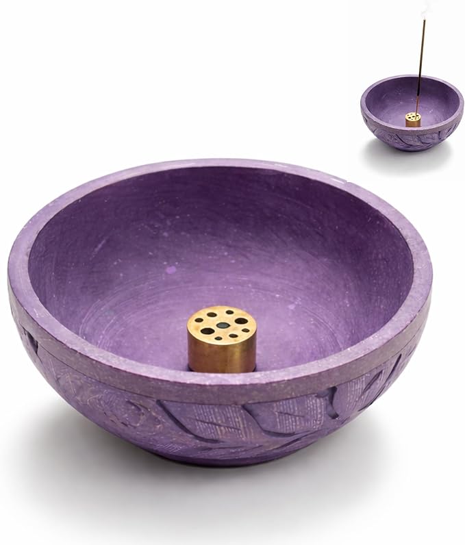 Natural Grey Marble Incense Holder Bowl – 5" Ash Catcher Burner for Meditation, Smudge, Palo Santo – 9-Hole Brass Insert Fits Most Incense Sticks.