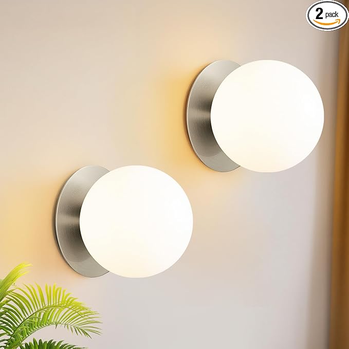 2 Pack Modern Brushed Nickel Wall Light Fixtures, Mid-Century Globe Glass Wall Sconces Set of Two for Bathroom Mirror, Living Room, Hallway, Entryway (Bulbs Not Included)