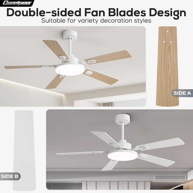 Conciseer 52 Inch Ceiling Fans with Lights and Remote for Bedroom Living Room Kitchen Office, Indoor/Outdoor Use, 6CCT Dimmable, 5 Blades 6 Speed Reversible Quiet DC Motor, White/Wood Grain, 2 Pack
