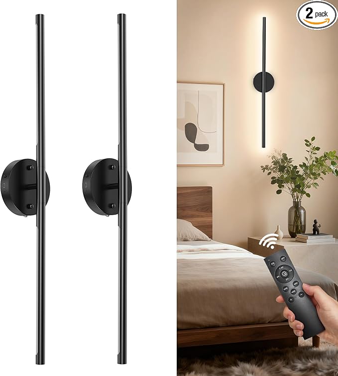 TONYFUL Battery Operated Wall Sconce Set of 2 for Bedroom, Living Room | Rechargeable, 6000mAh Dimmable Bulbs, Remote, 3000K-6500K LED Wall Lights for Bedroom, Living Room, Hallway Decor, Black
