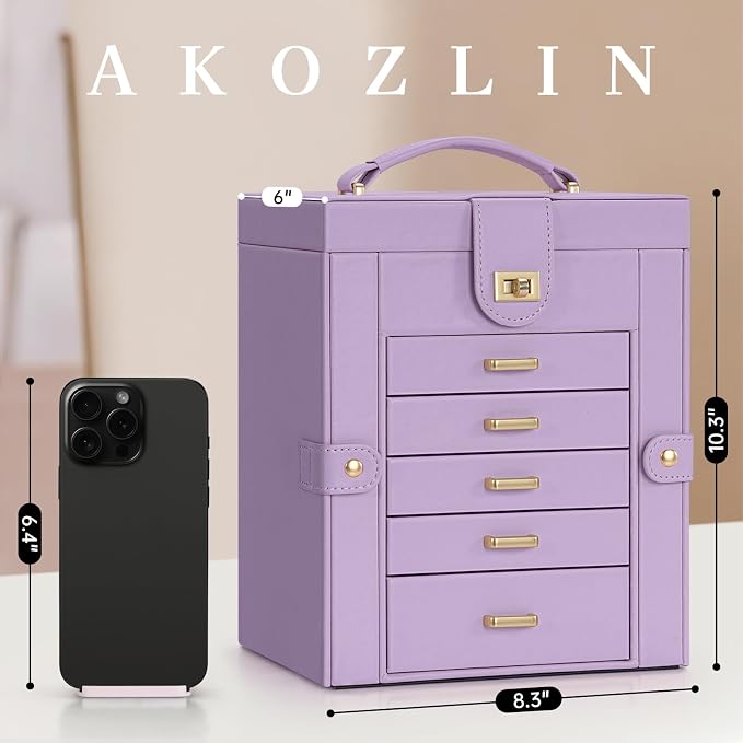 AKOZLIN 6-Tier Jewelry Box Organizer Functional 5 Drawers Leather Jewelry Storage Case for Women Girls Ring Necklace Earring Bracelet Holder Organizer with Mirror Purple Regular