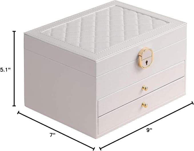 GUOER Jewelry Box for Women Girls, 3 Layers Large Jewelry Organizer (White) | Vintage Quilting Stitching PU Leather, Earrings Bracelets Rings Necklace Watches Storage Large Jewellery Holder Case Gifts