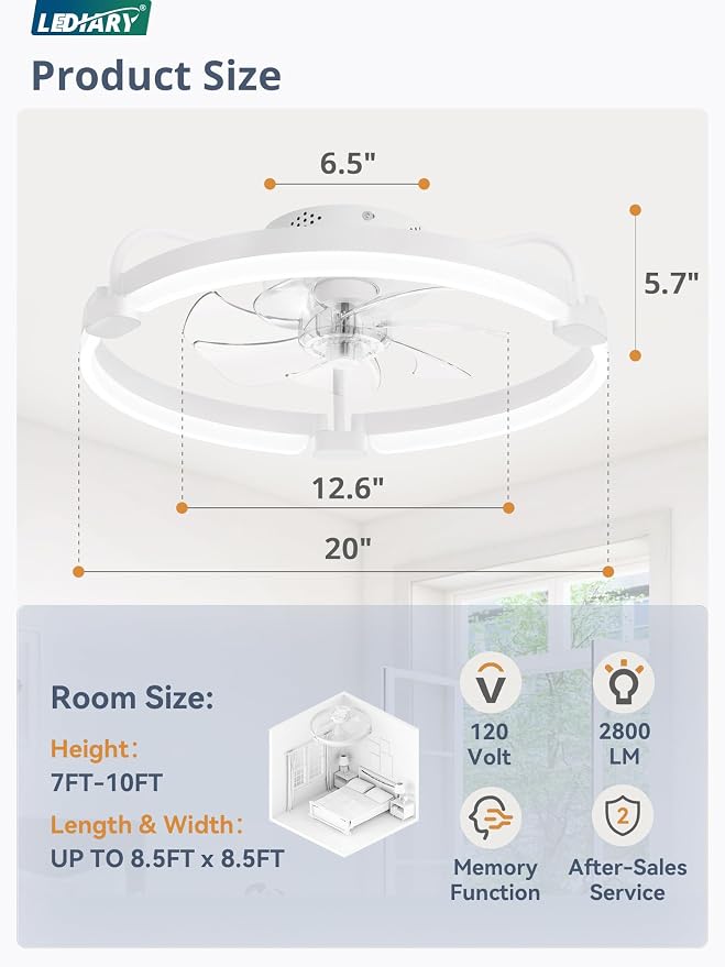 LEDIARY Ceiling Fans with Lights and Remote, 20'' Low Profile Ceiling Fan with Light, 3000-6000K Dimmable Fandelier LED Fan Light, 6 Wind Speeds, White Modern Flush Mount Ceiling Fan for Bedroom