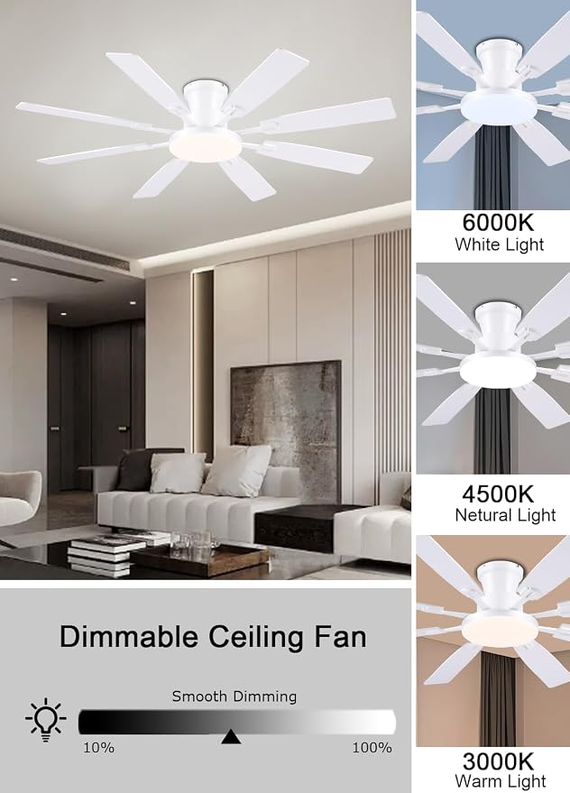 JSAITEE 60Inch Ceiling Fan with Lights, Large Low Profile Flush Mount,White | Ceiling Fans,DC Reversible Motor Noiseless, 3CCT Dimmable, Dual Finish, 6 Speeds Ceiling Fan for Indoor/Outdoor