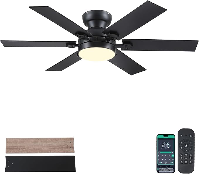 52"Modern 6-Blades Black Low Profile Flush Mount Ceiling Fans with Light | Supports Remote and APP,6 Wind Speeds, Reversible, Dimmable 3 Light Colors LED Light, Quiet DC Motor,6 Double-Sided Blades