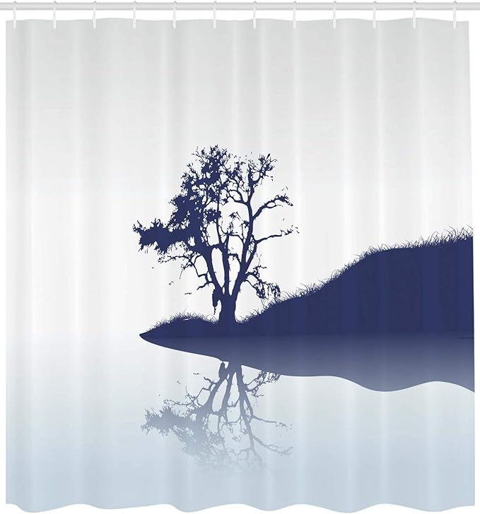 Ambesonne Nature Shower Curtain, Silhouette of Lonely Tree by Lake with Mirror Effects Melancholy Illustration, Cloth Fabric Bathroom Decor Set with Hooks, 69" W x 84" L, Pale Blue Indigo