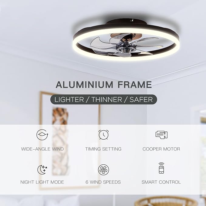 STERREN 20'' Modern Low Profile Ceiling Fan with Light, Bedroom LED Ceiling Fan with Remote Control, Bladeless Flush Mount Black Fan Lights Ceiling Fixtures for Living Room,Small Room