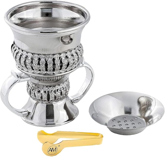 AM Regal Metal Incense Burner - Bakhoor Burner Mubkhara – Frankincense Resin Burner - Ideal for Yoga, Spa & Aromatherapy (Silver)
