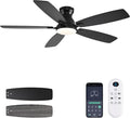 JSAITEE Ceiling Fans with Lights, 52 Inch Low Profile Ceiling Fan with Light and Remote Control, Flush Mount, DC Reversible Motor, Noiseless, Black 6 Speeds Ceiling Fan for Bedroom