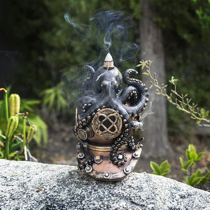 7" Kraken on Divers Helmet Backflow Incense Burner Resin Figurine