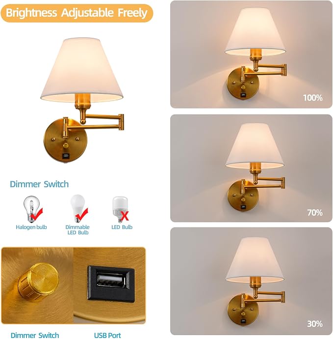 Swing Arm Wall Sconces, Plug-in Wall lamp,Bedroom Wall lamp ， White Fabric Shade，，with dimmable Switch and USB Charging Port, Suitable for Bedside, Living Room, Reading (Golden)