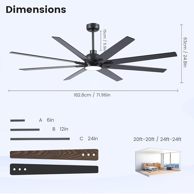 Newday 72 inch Large Ceiling Fans with Lights and Remote, Indoor/Outdoor Black Ceiling Fan for Living Room Patio, 6 Speeds Slient Reversible DC Motor, 3CCT, Timer, 3 Downrods, 8 Blades