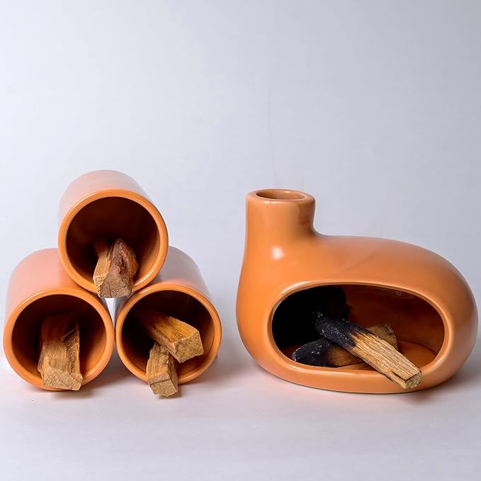 MOUGIGI Palo Santo Holder Set with 3 Matchstick Holders - Modern Handcrafted Ceramic Incense Burner with Chiminea, Perfect for Meditation - Smudge Bowl for Palo Santo Sticks, Sage, and Cones.