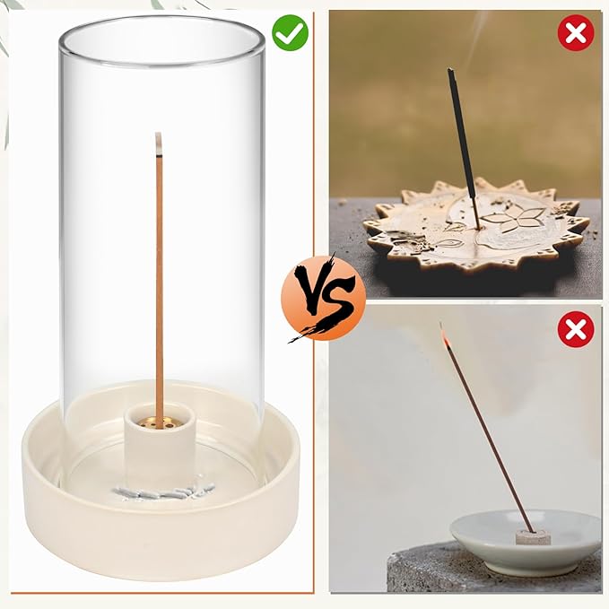 Multi-Functional Incense Burner Holder - Perfect for Incense Sticks, Palo Santo, Sage, and More! Fashionable and Simple Design with a Removable Glass Cover for Anti-Flying Ash.