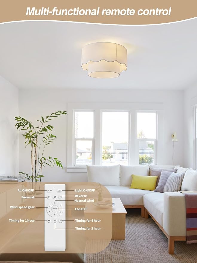 Ceiling Fan with Light, 20" Flush Mount Boho Ceiling Fans with Lights Remote Control, Low Profile Drum Fabric with 6 Speeds for Bedroom,Nursery,Living Room