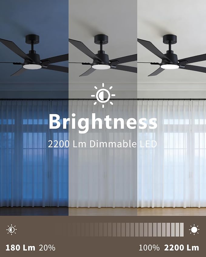 60 Inch Black Downrod Ceiling Fans with Lights and Remote | 3CCT Dimmable LED, 6 Speed, Quiet DC Motor, 3-Level Timer Function, Forward/Reserve For all Seasons, Indoor/Covered Outdoor