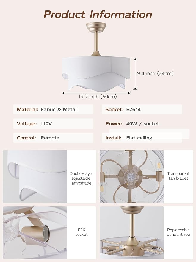 20" Boho Fandelier Ceiling Fans with Lights, Gold Fandelier Ceiling Fans with Light Remote Control, Fabric 6 Speeds Reversible for Bedroom, Living Room, Nursery, Kitchen (White)
